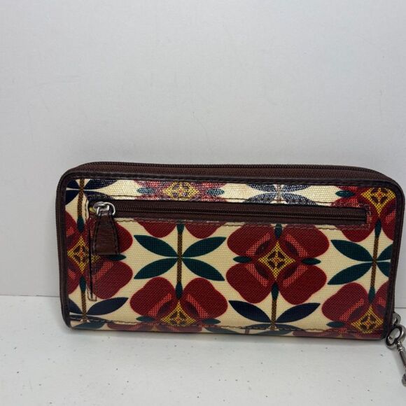 Fossil Key Per Red Yellow Floral Coated Canvas Card Zip Wallet Vintage - Picture 5 of 10